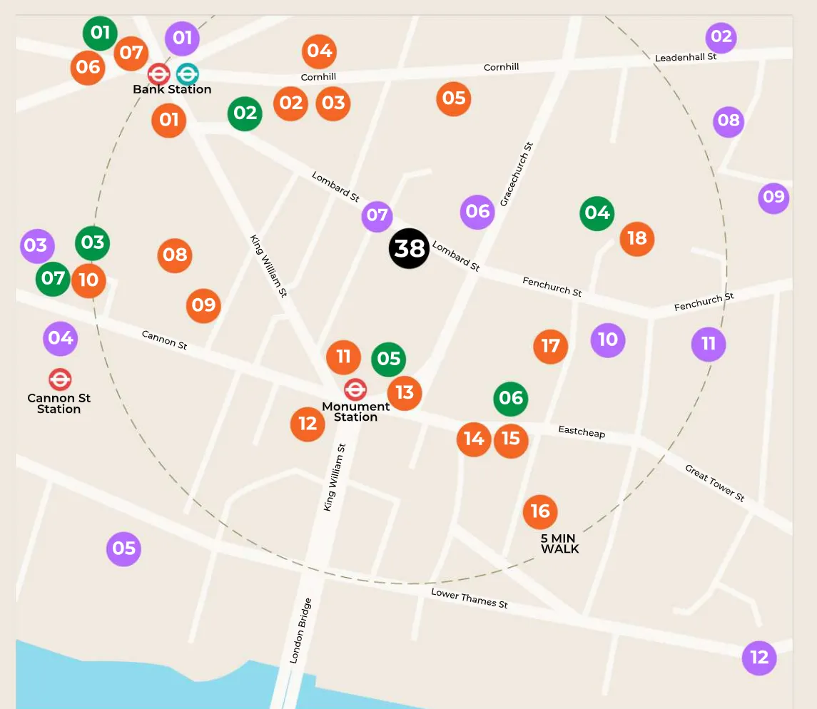 Location map around 38 Lombard Street showing nearby stations, occupiers, restaurants and bars